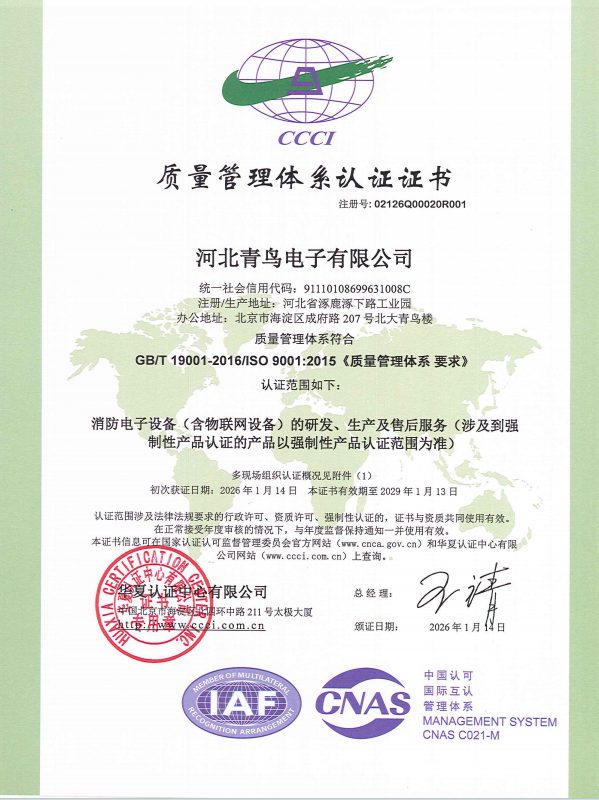 河北青鸟电子质量、情形和职业康健清静治理系统认证证书